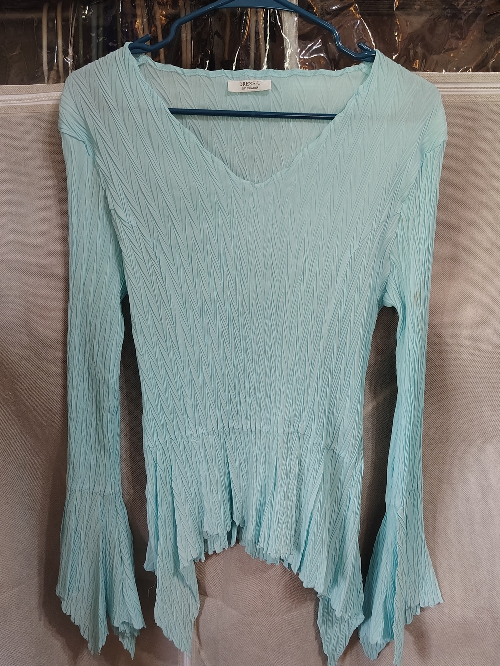 Light Blue V-Neck Pleated Bell Sleeve Tunic